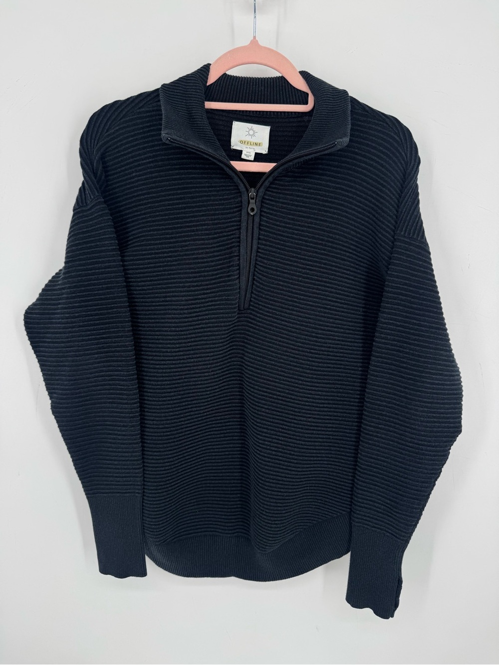Offline by aerie Women's Black Ribbed Neutral Everyday Quarter Zip Size Small